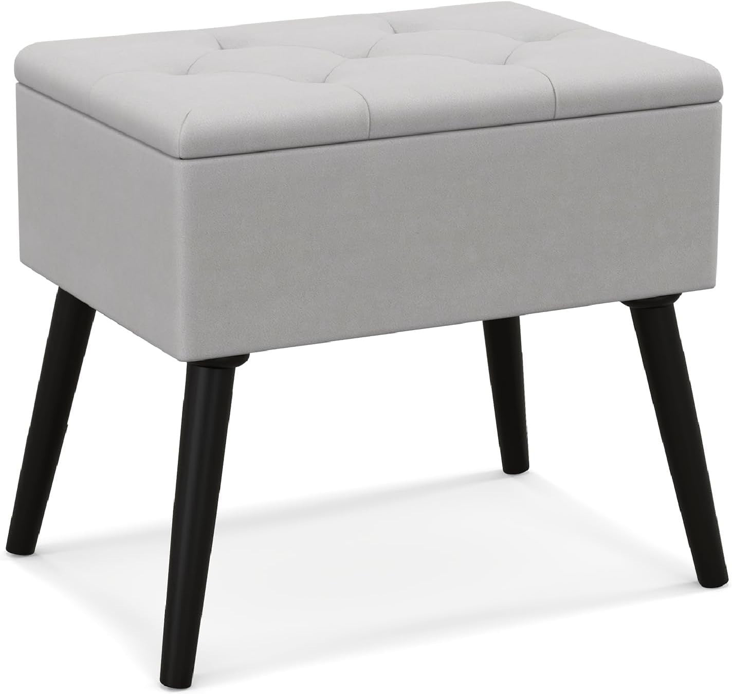 Grey Velvet Flip-Top Storage Footstool Ottoman Vanity Stool with Wood Legs