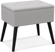 Grey Velvet Flip-Top Storage Footstool Ottoman Vanity Stool with Wood Legs