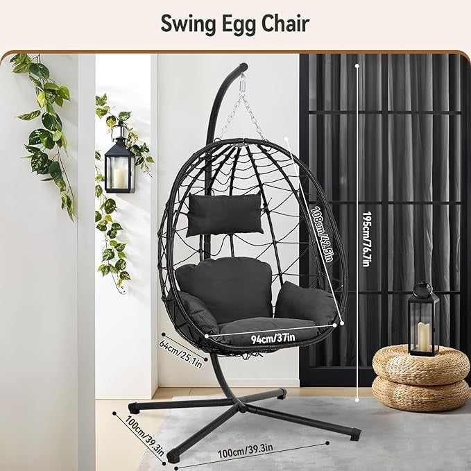 Rattan Hanging Egg Chair with Stand Swing Seat Cushion Indoor Outdoor Patio