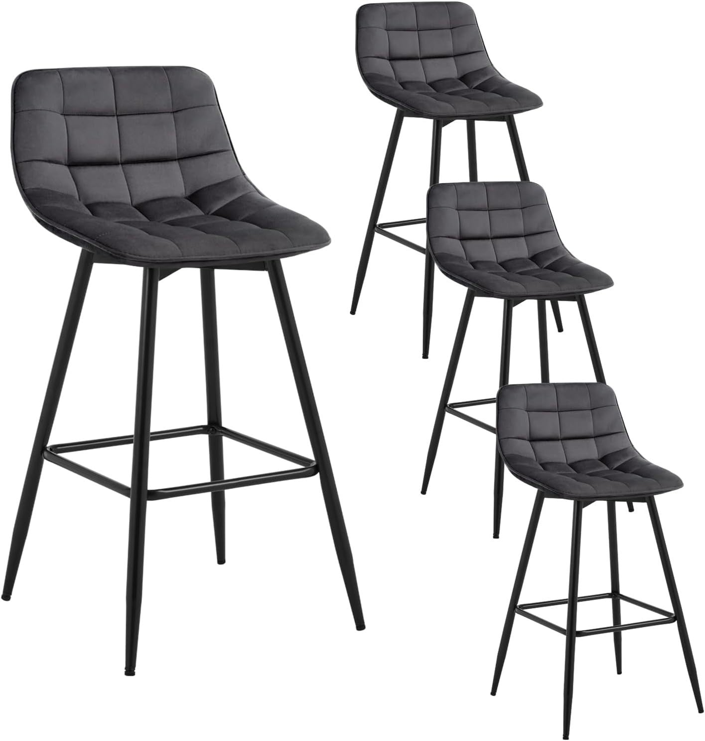 Set of 4 Dark Grey Velvet Bar Stools Rectangular Seat with Footrest 88cm
