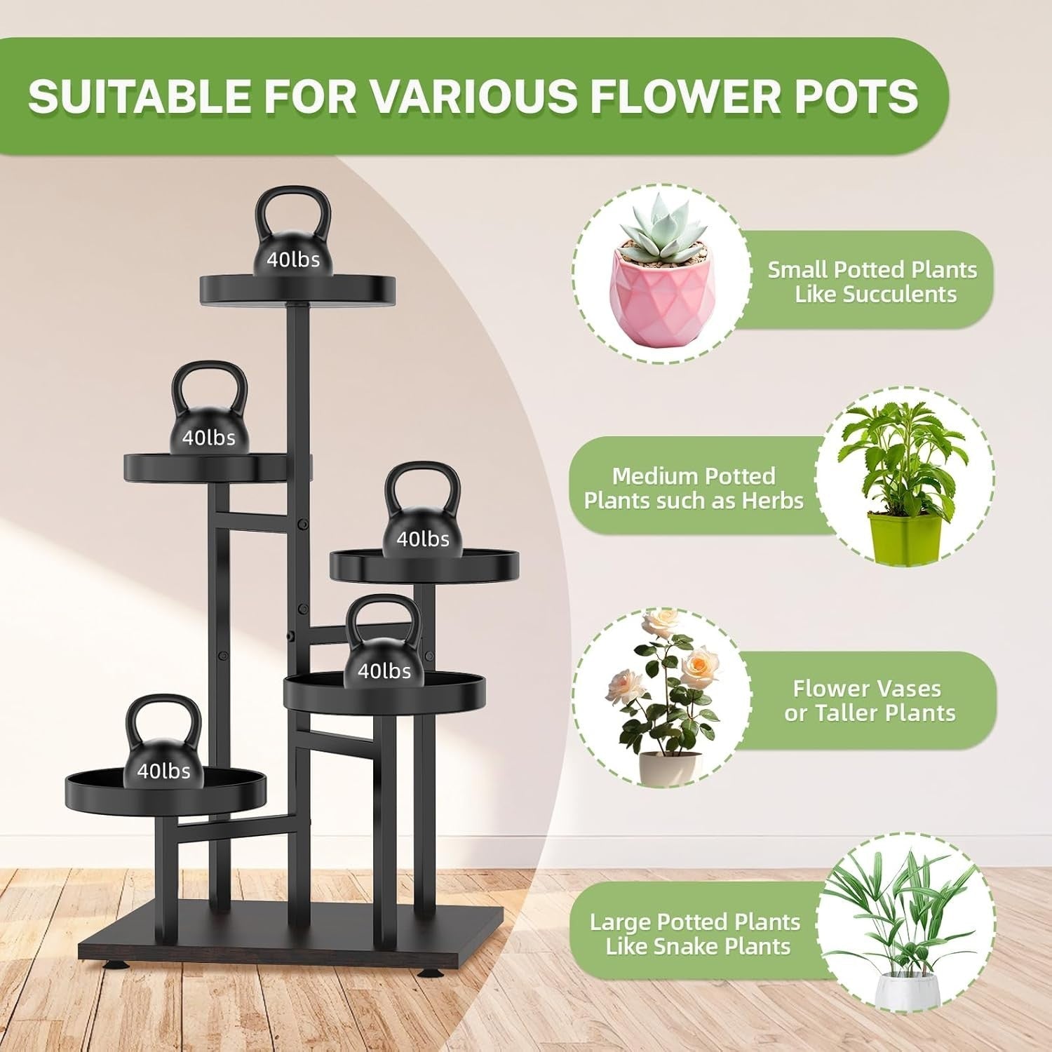 5-Tier Black Walnut Metal & Wood Plant Stand | Corner Indoor Outdoor Shelf