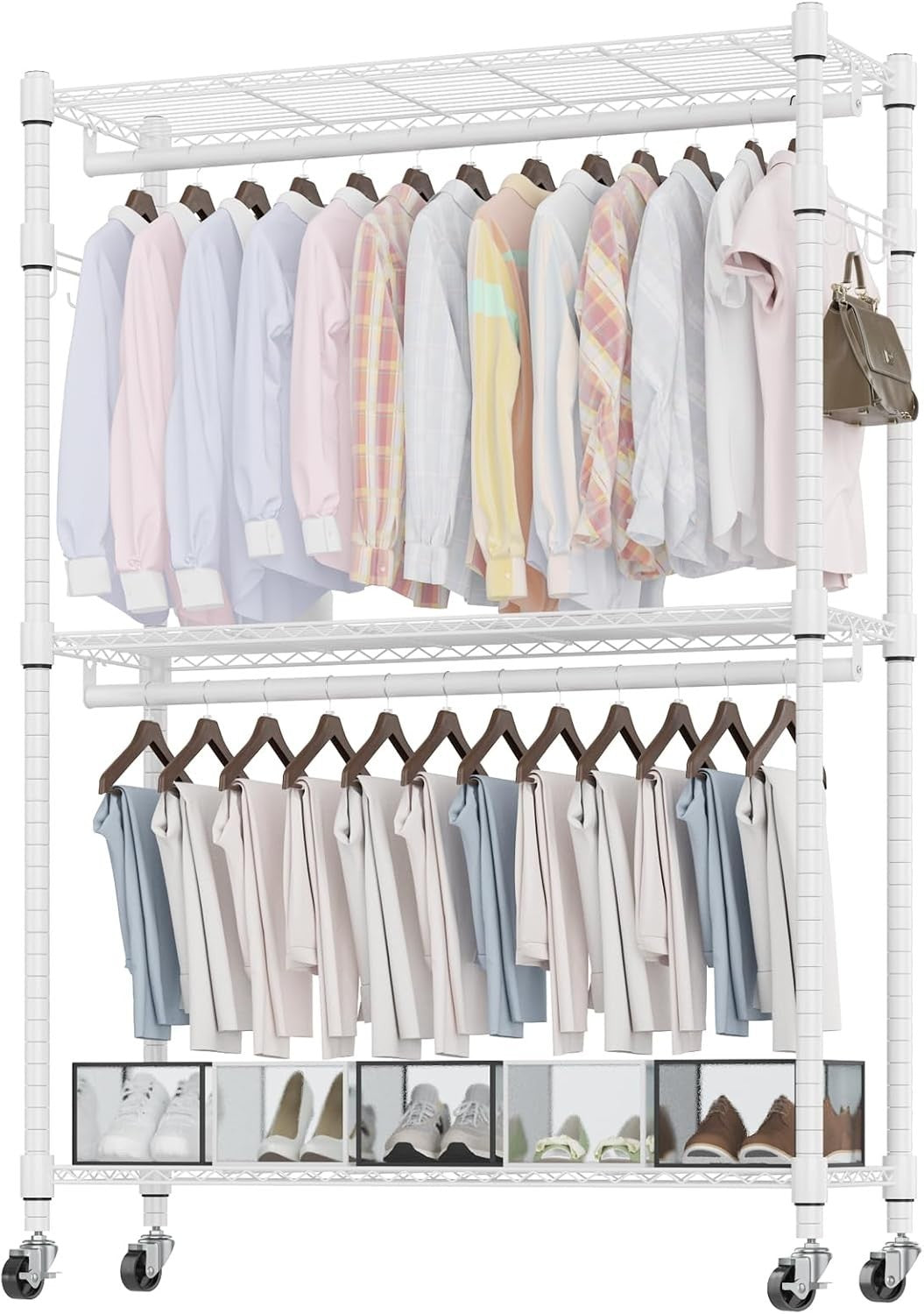 Heavy Duty Double Rod Clothes Rail 3-Tier with Wheels – White 205cm