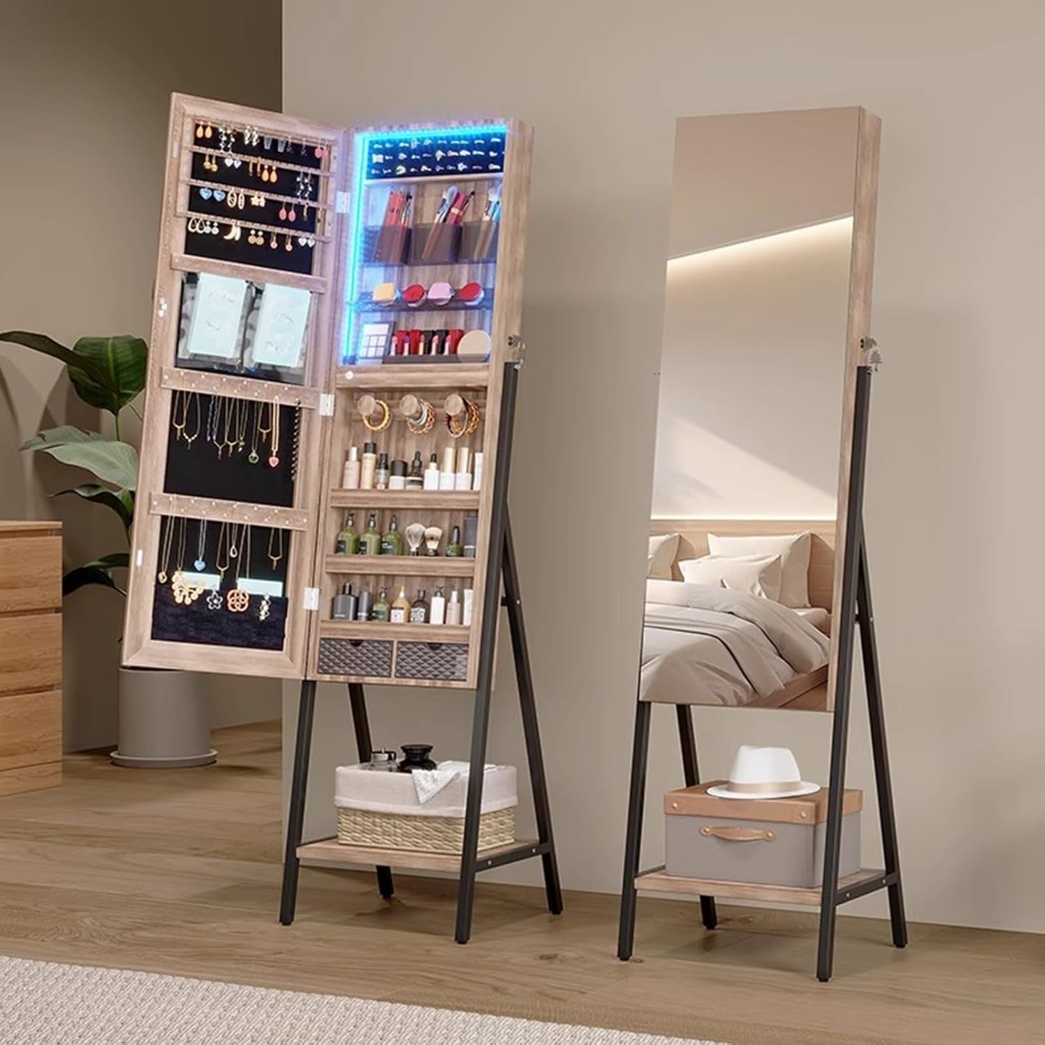 LED Standing Jewelry Cabinet Full Length Mirror Lockable Storage White