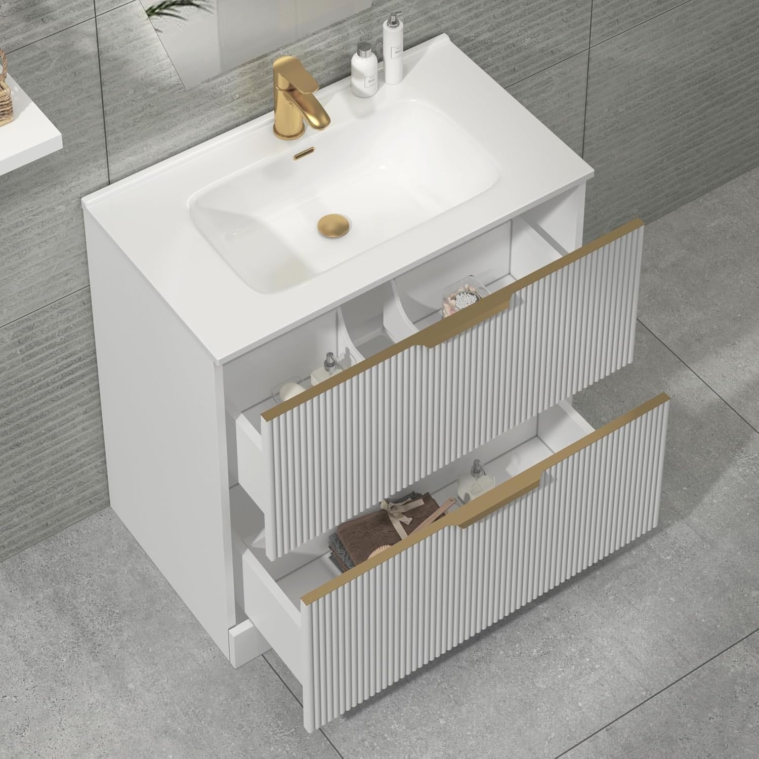 White 800mm Fluted Bathroom Vanity Unit with 2 Drawers & Basin Brass Handles
