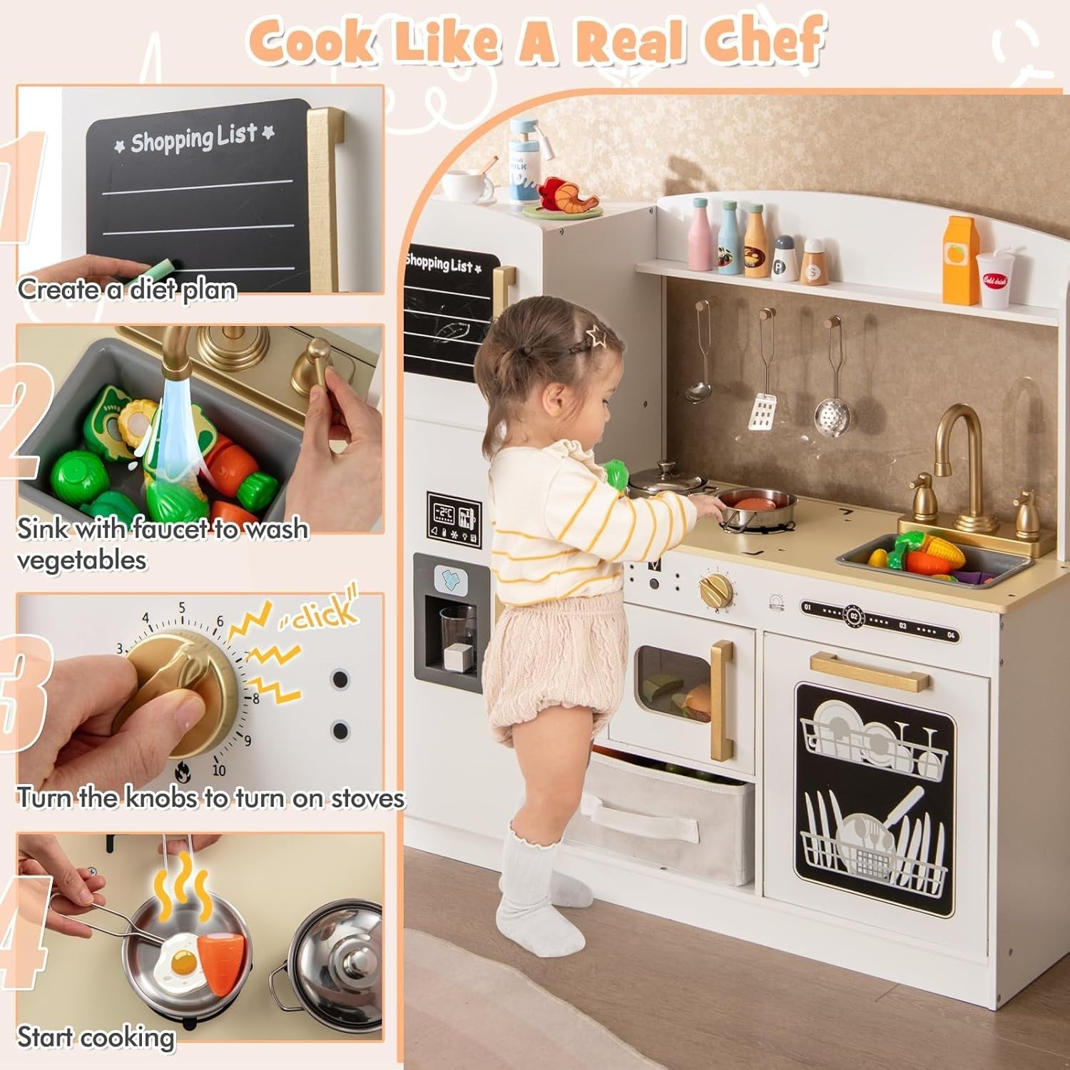 Kids Wooden Play Kitchen w/ Chalkboard Ice Maker White Toy