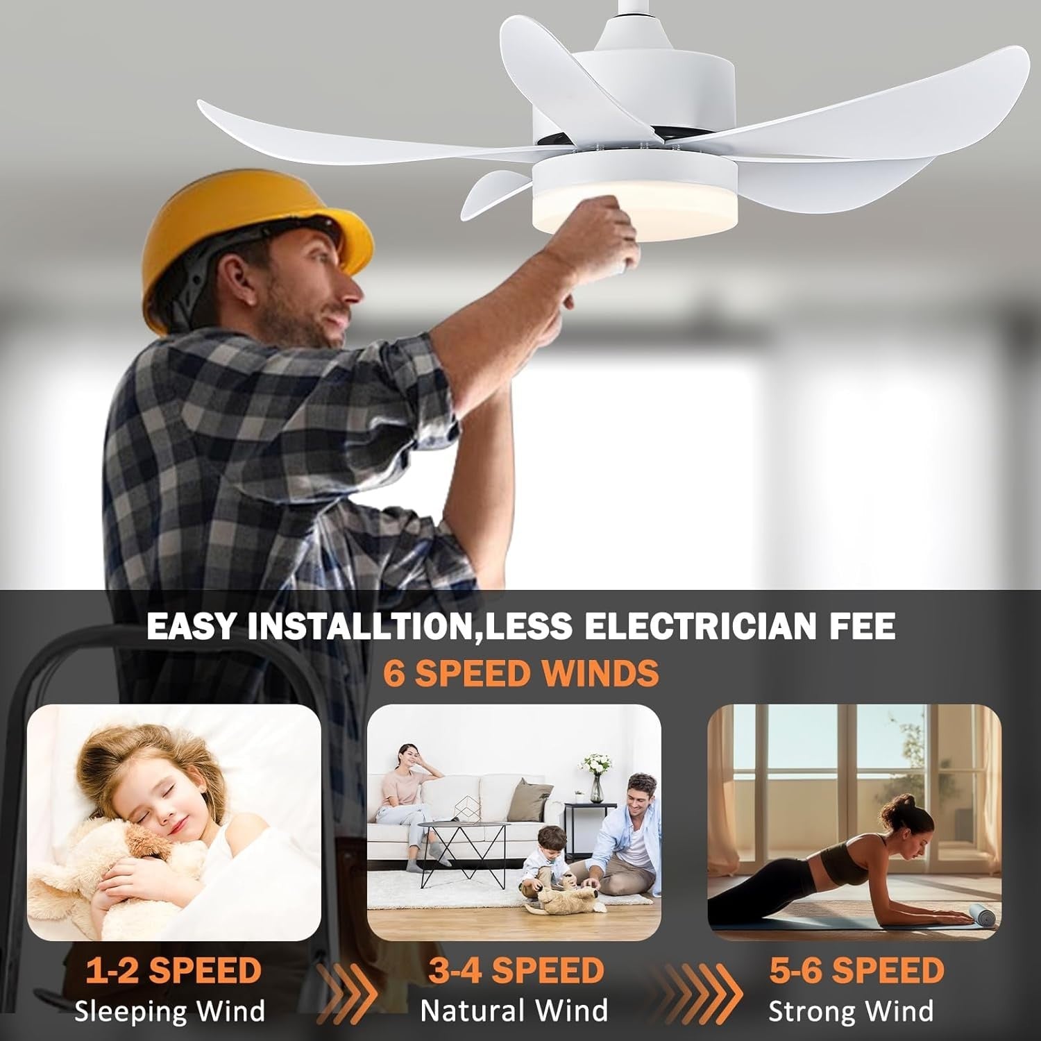 30" Ceiling Fan Light, 6 Speeds, Dimmable LED, Reversible, Quiet Smart Remote