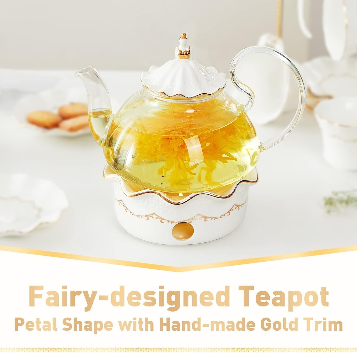 Luxury Blooming Tea Pot Set 1.2L Warmer Infuser Gold Trim Gift