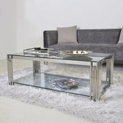 Glass Coffee Table w/ Shelf | Modern Chrome Stainless Steel Living Room