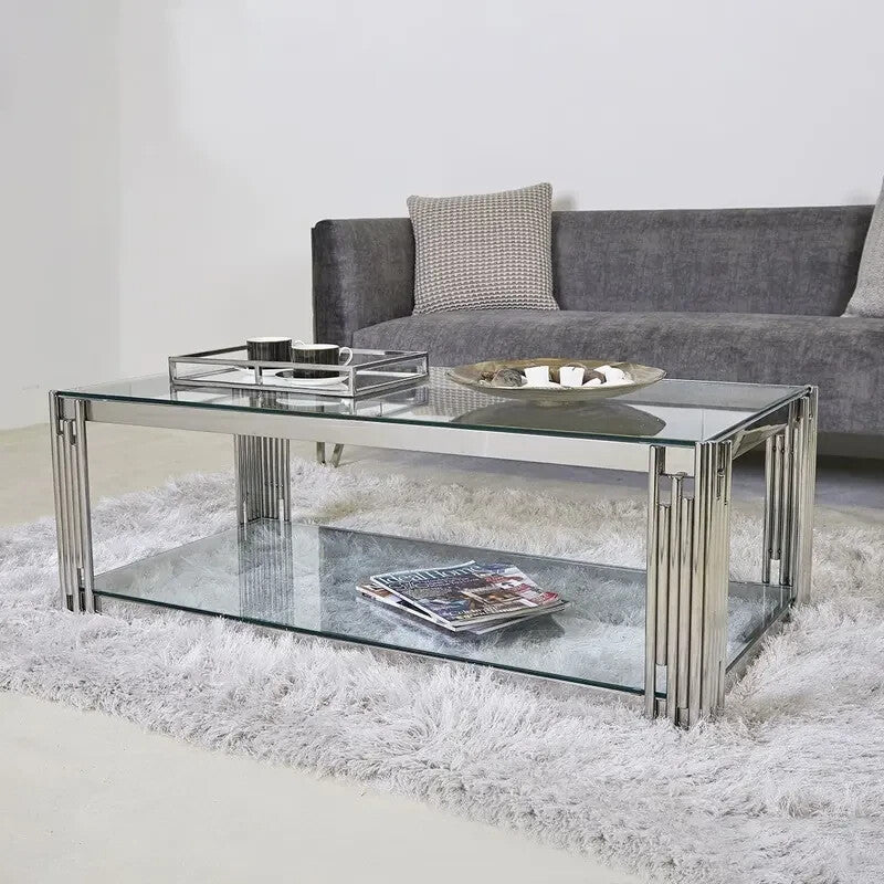 Glass Coffee Table w/ Shelf | Modern Chrome Stainless Steel Living Room