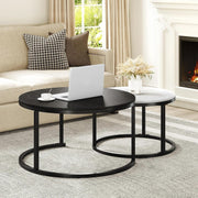 Modern Nesting Coffee Table Set of 2 Round Wood Accent Tables with Metal Frame