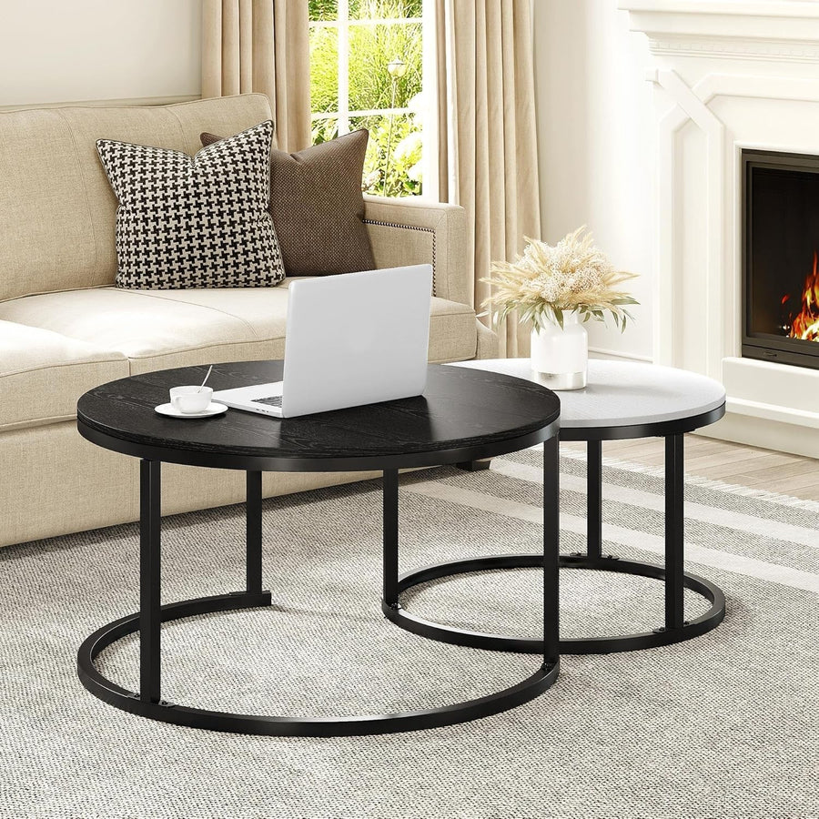 Modern Nesting Coffee Table Set of 2 Round Wood Accent Tables with Metal Frame