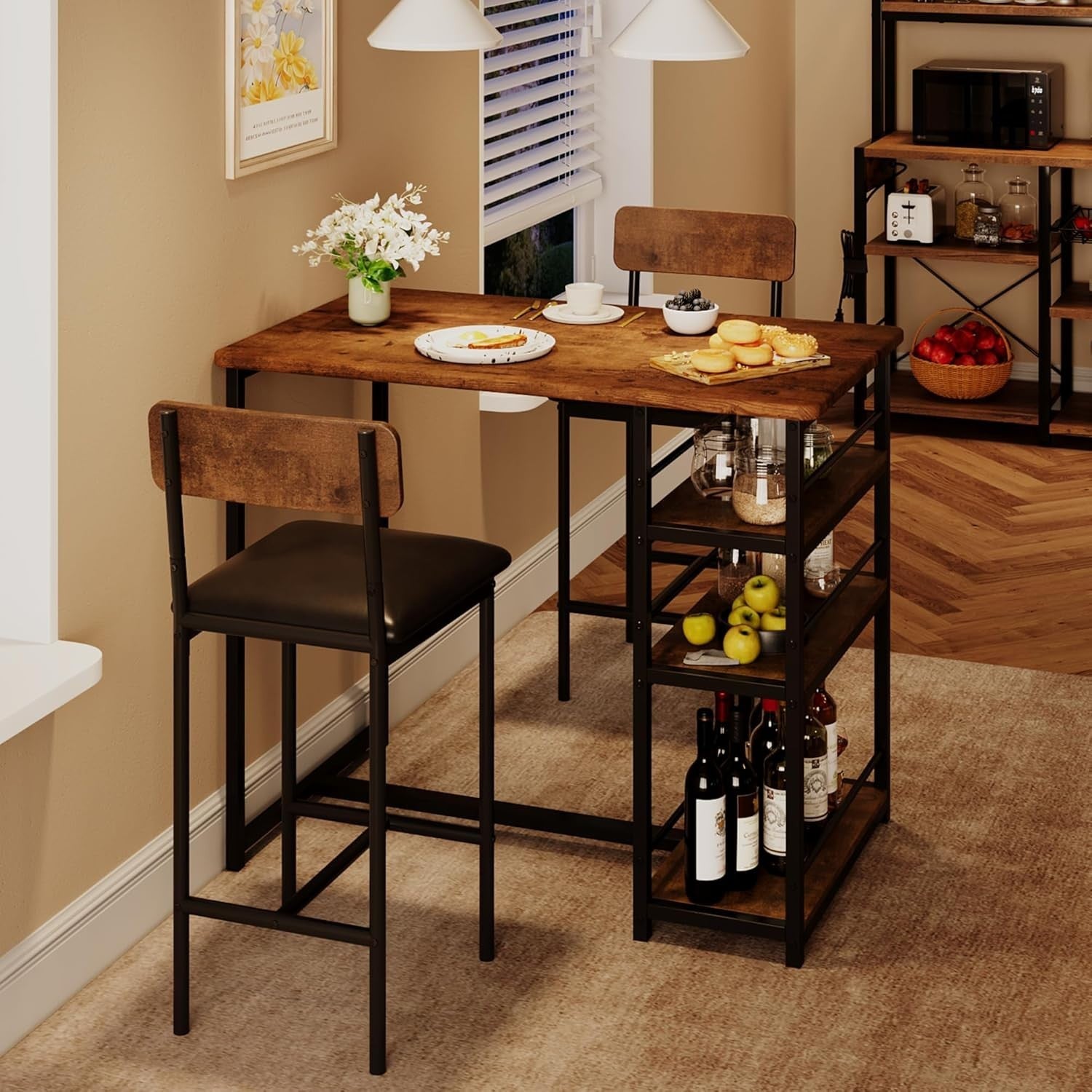3 Pieces Bar Table Set 2 Upholstered Stools & Storage Shelves High Dining Brown