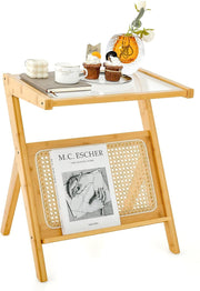 Slim Bamboo Side Table with Glass Top & Magazine Rack | 2-Tier Bedside Sofa Tabl