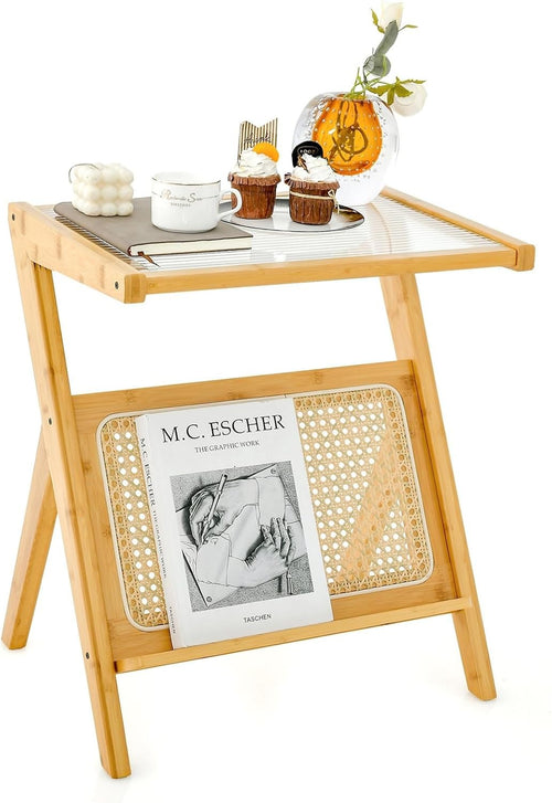 Slim Bamboo Side Table with Glass Top & Magazine Rack | 2-Tier Bedside Sofa Tabl