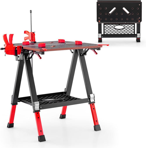 Folding Workbench 70x65cm Adjustable Height Sawhorse 2-in-1 Table 450kg Red