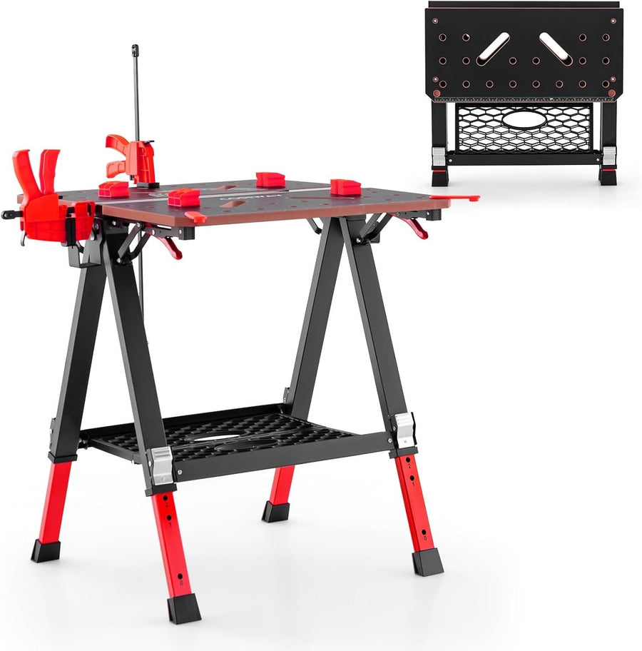 Folding Workbench 70x65cm Adjustable Height Sawhorse 2-in-1 Table 450kg Red