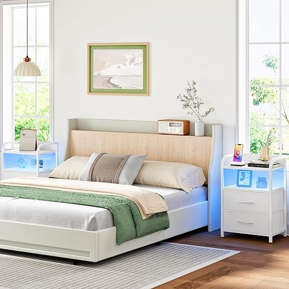 White LED Bedside Table with Charging Station 2 Drawers Modern Nightstand