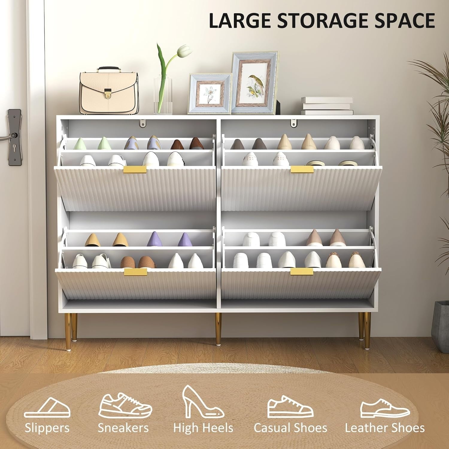 Slim 4 Drawer Shoe Cabinet – Fluted Doors, Adjustable Shelves, Space-Saving