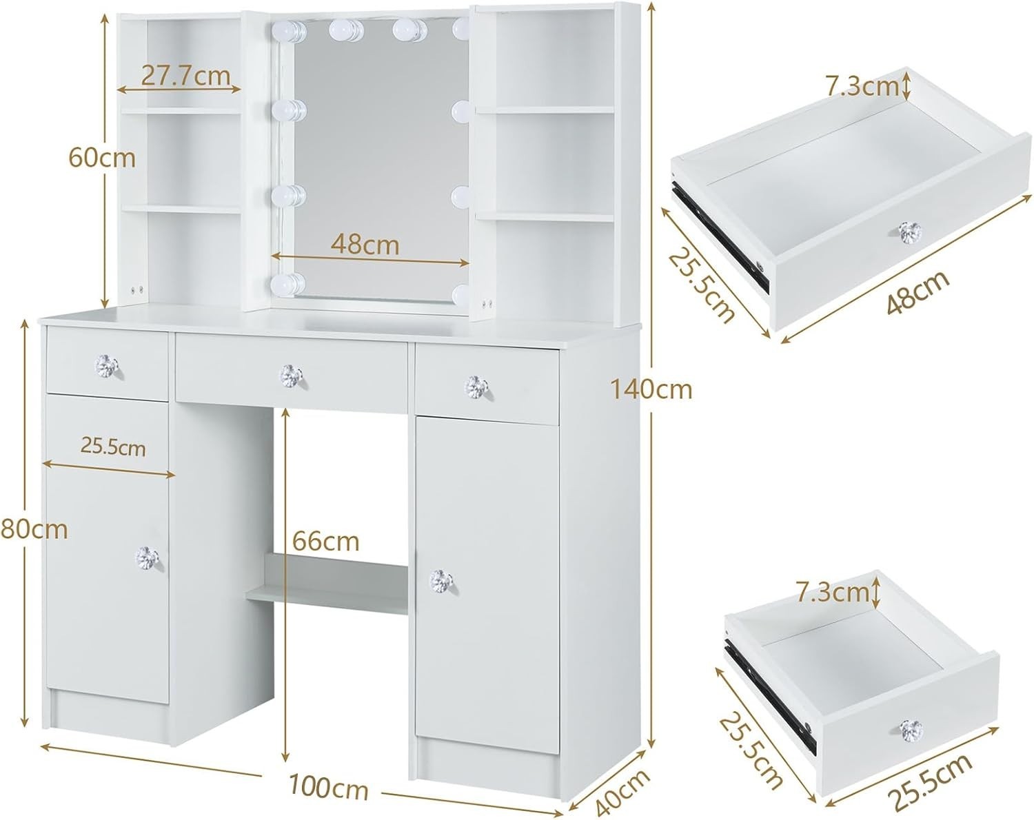 White Vanity Dressing Table Set w/ LED Lighted Mirror 3 Drawers Crystal Handle