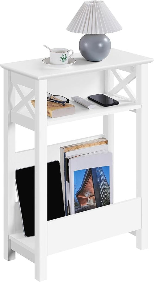 Slim White Side Table with Storage Shelf & Magazine Rack | 70cm Narrow Bedside