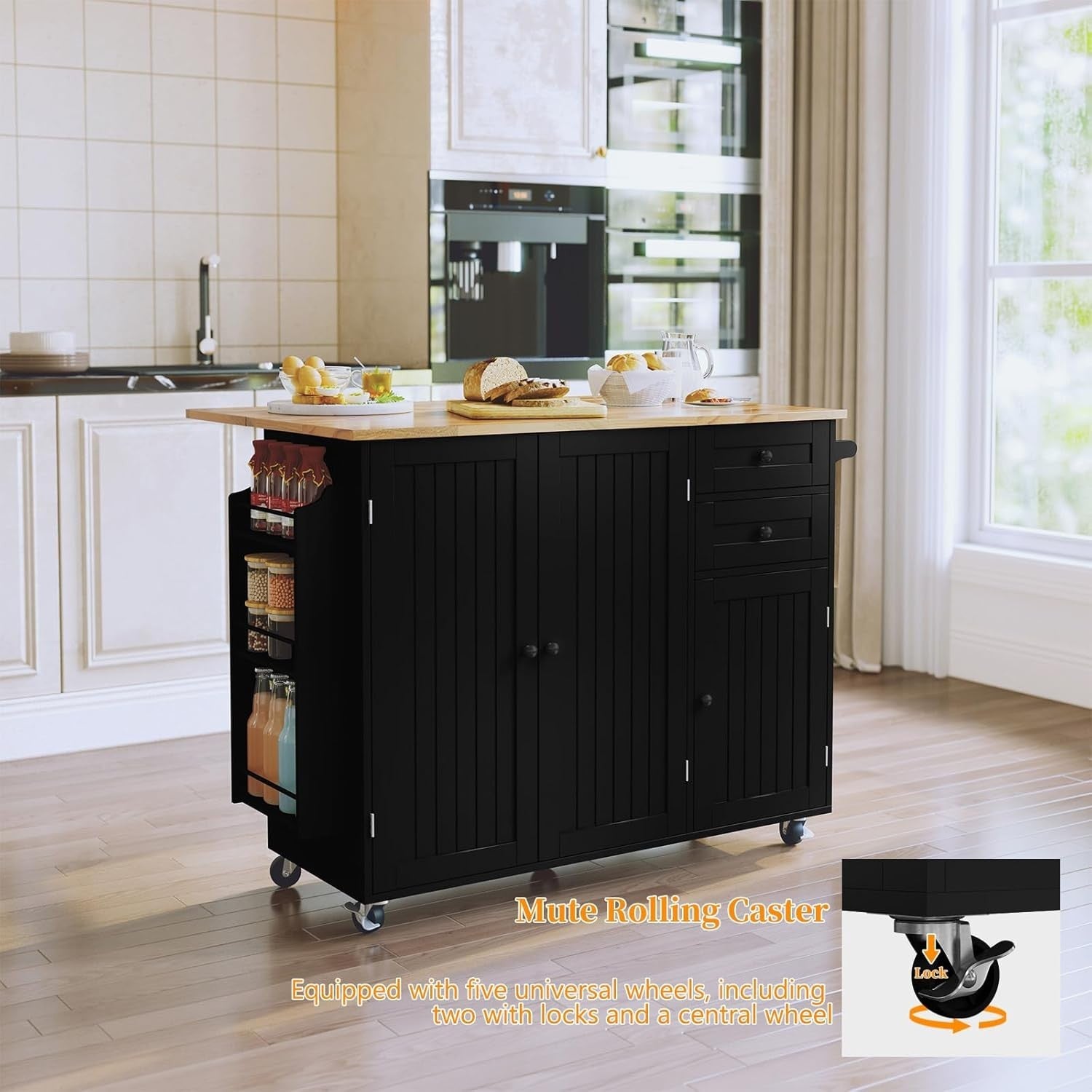 Rolling Kitchen Island Cart Drop Leaf 128cm Rubberwood Top