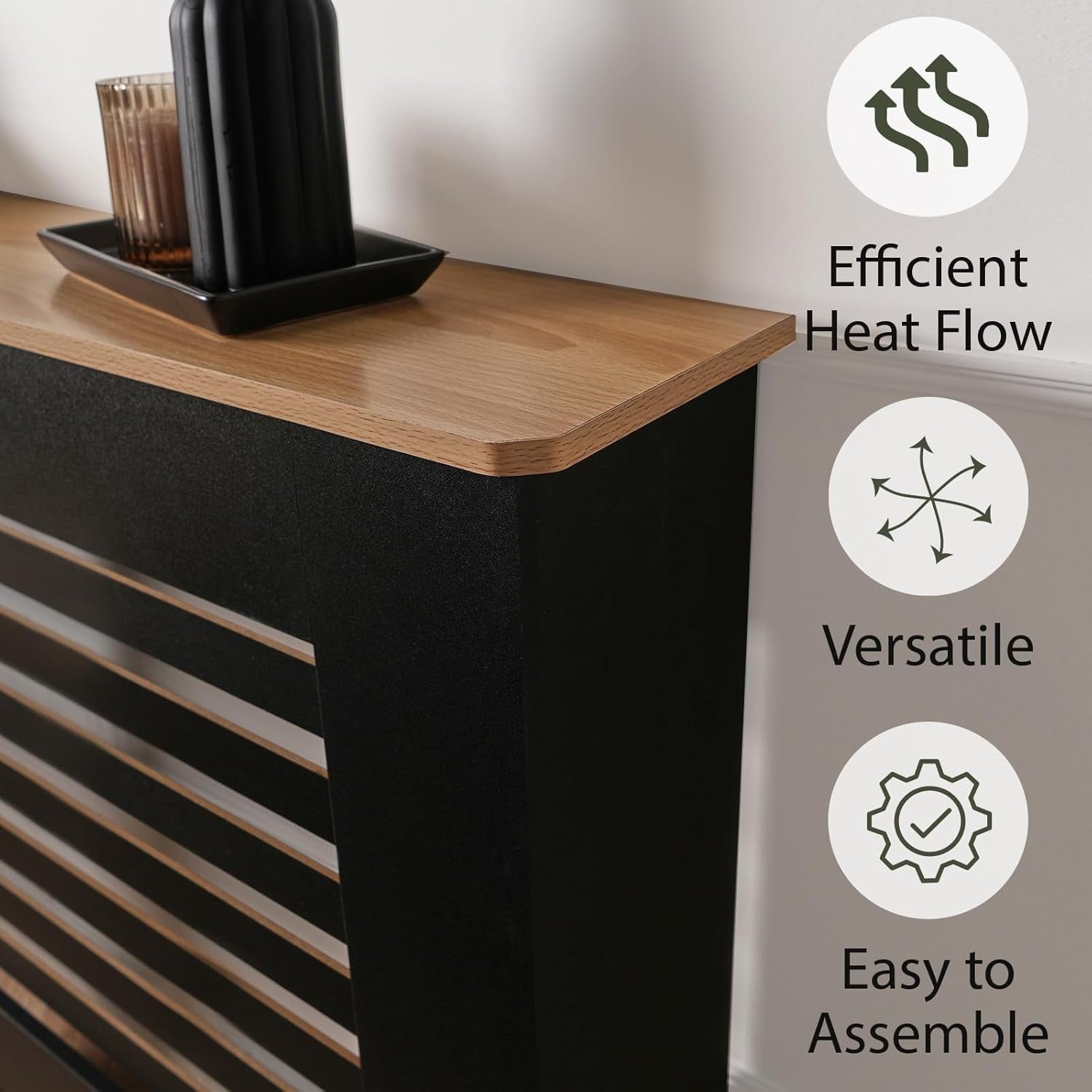 Large Black Radiator Cover with Oak Top – Modern MDF Slatted Cabinet