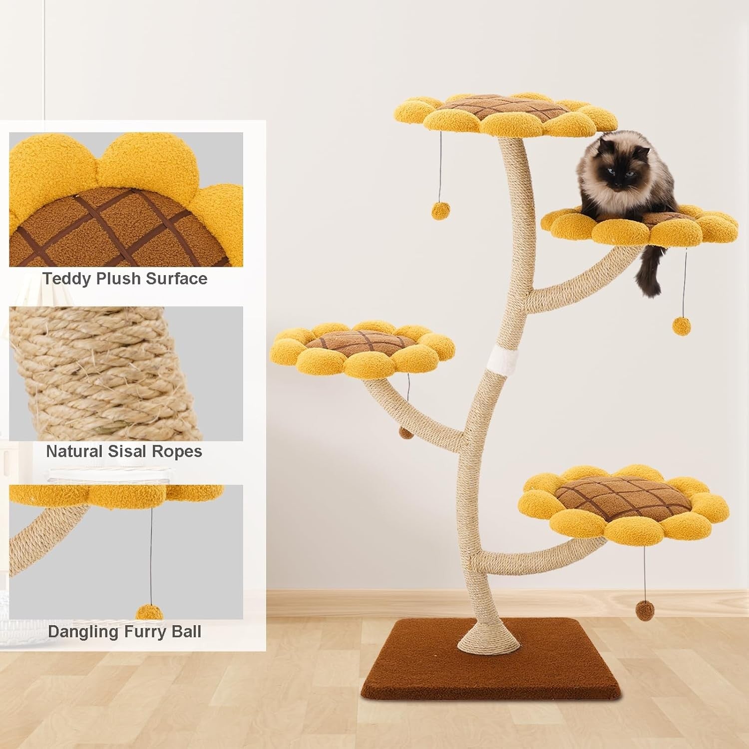 Sunflower Cat Tree 4-Level Wooden Tower Scratching Posts Indoor Climber