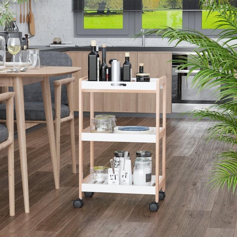 3-Tier Rolling Kitchen Trolley with Tray & Shelves – White Wood Storage