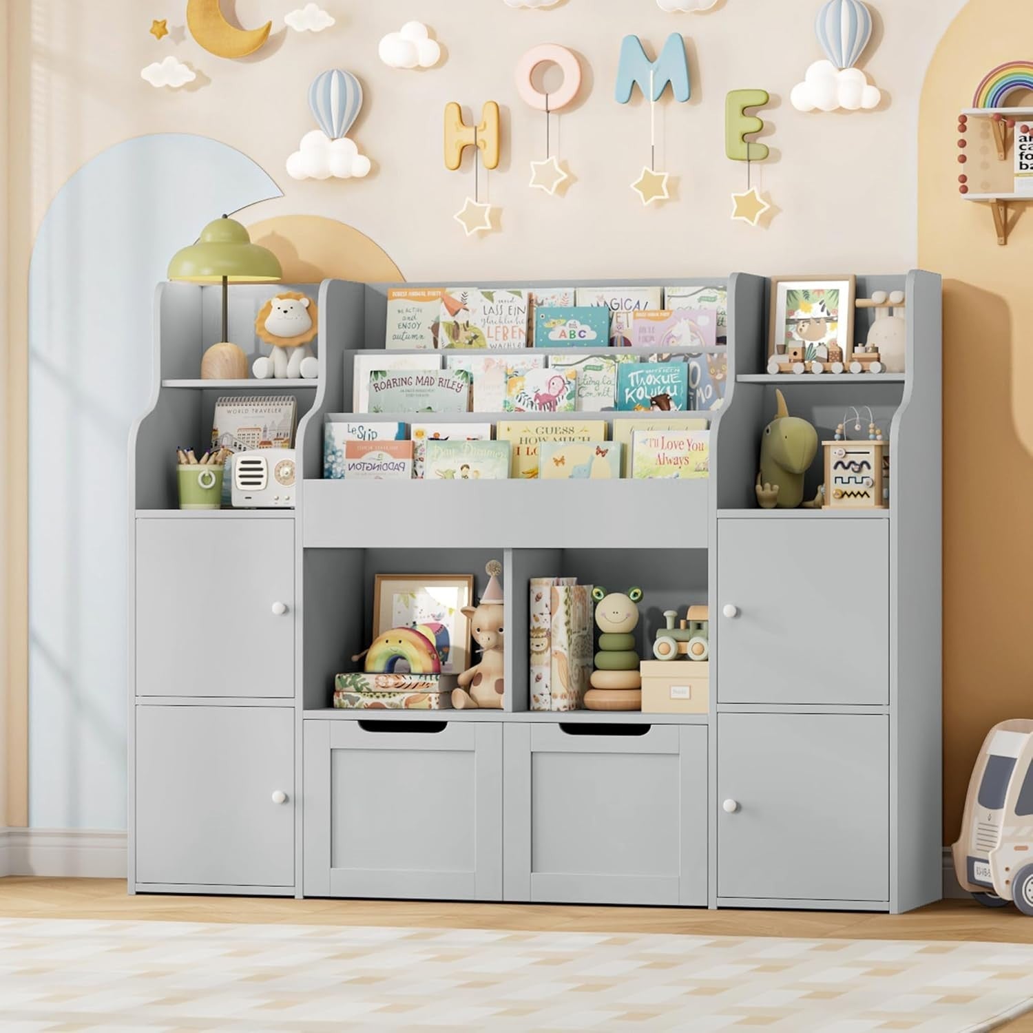 3-Tier Kids Toy Storage Unit with Drawers & Doors, Bookshelf 122x30x100cm