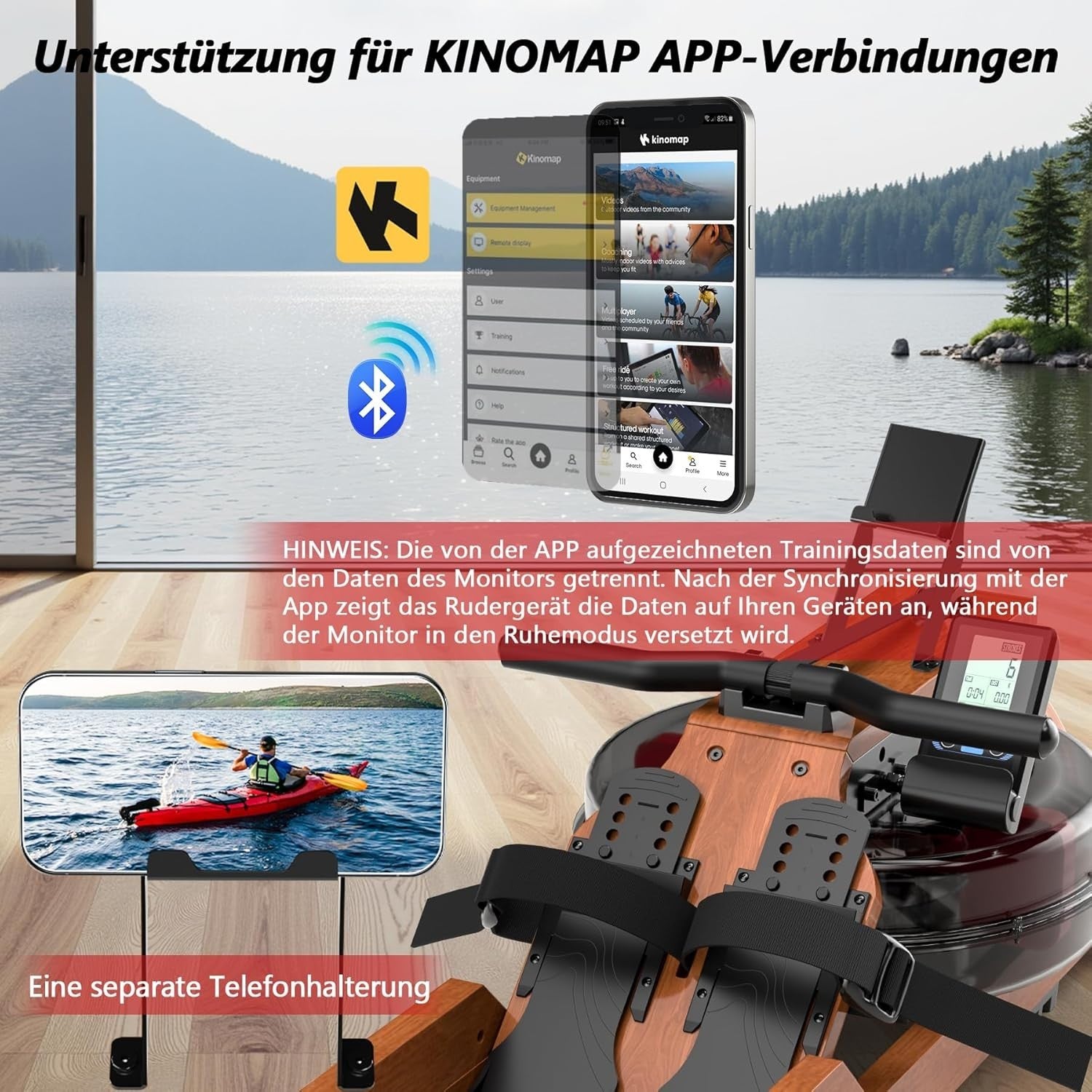 Foldable Wooden Water Rowing Machine Bluetooth LCD Quiet Dual Rail Home Gym