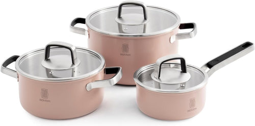 6Pcs Dusky Pink Stainless Steel Cookware Pot Set with Glass Lids Induction Safe