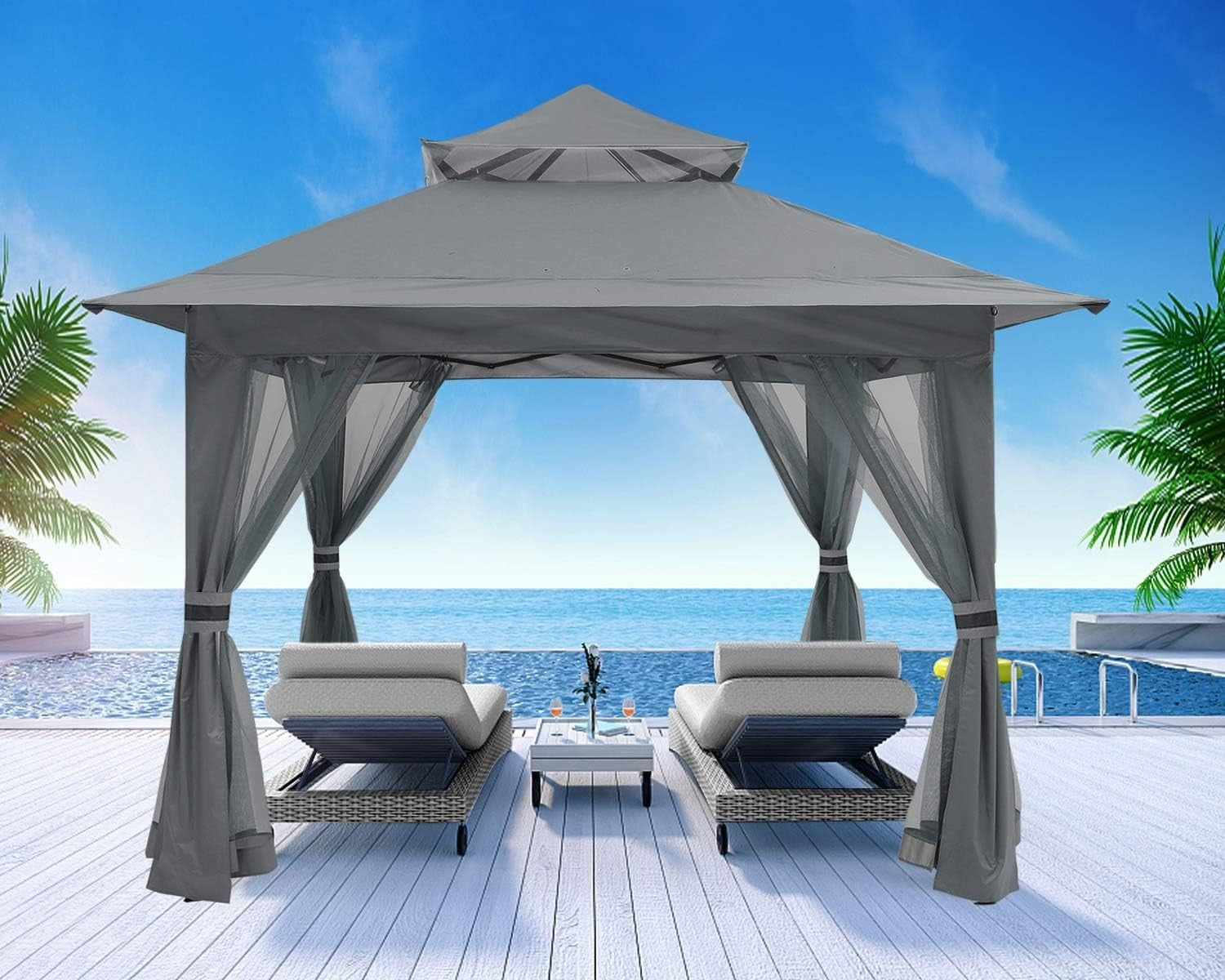3.6x3.6M Gray Pop Up Gazebo With Mesh Walls Outdoor Canopy Tent