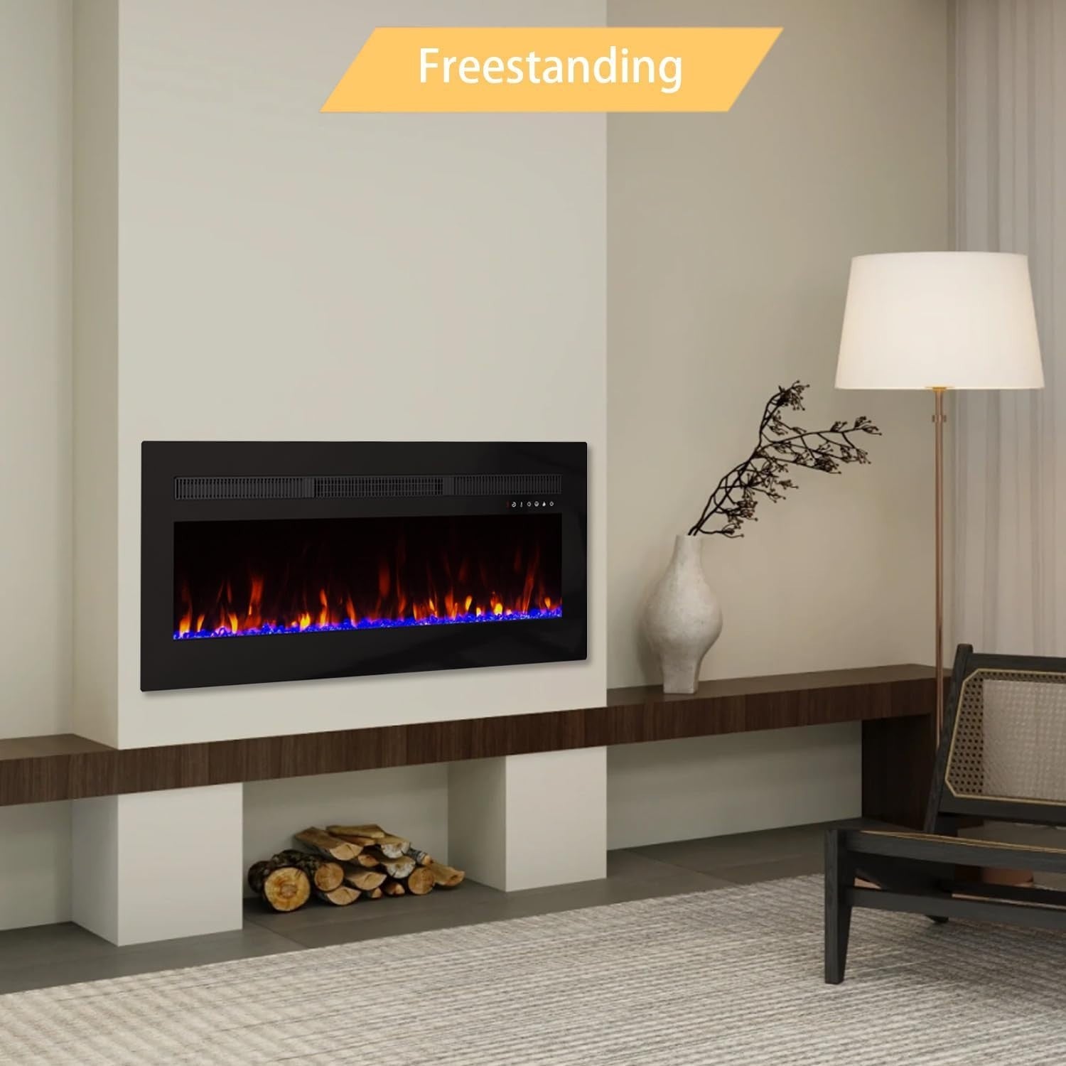 60" Electric Insert Fireplace LED Flames 12 Colors Wall Mount Recessed