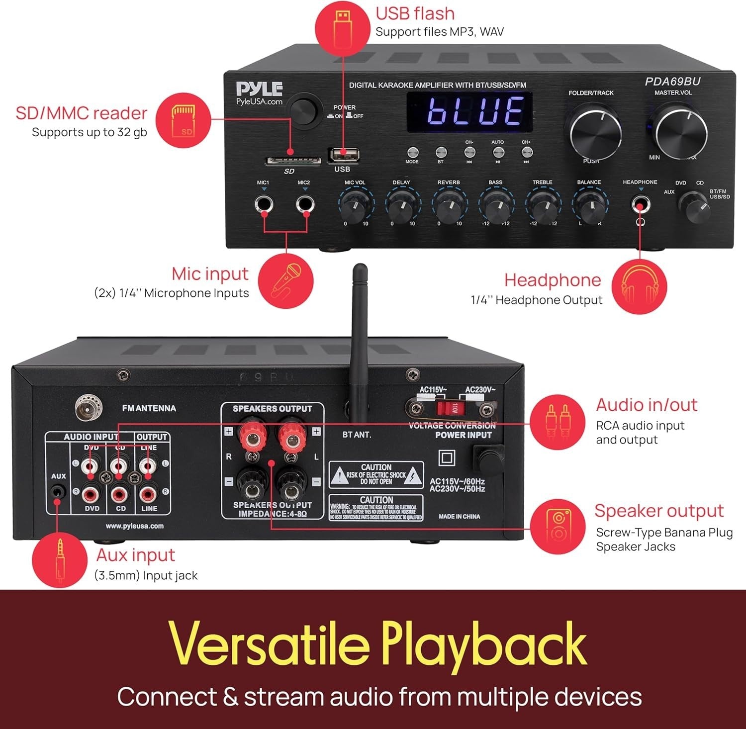 2.0CH Stereo Amplifier Bluetooth USB SD FM Aux RCA Remote Control 38W×2