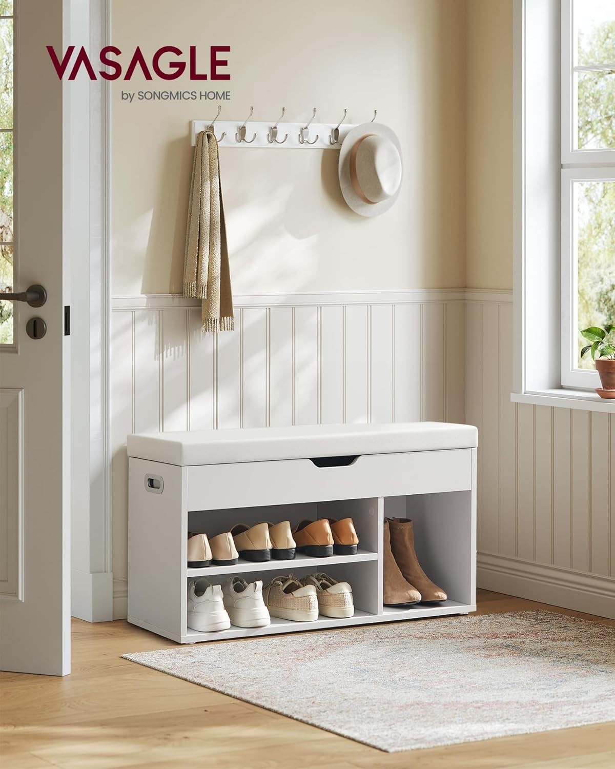 White Shoe Storage Bench with Cushion, 3 Compartments, Lift-Top Seat