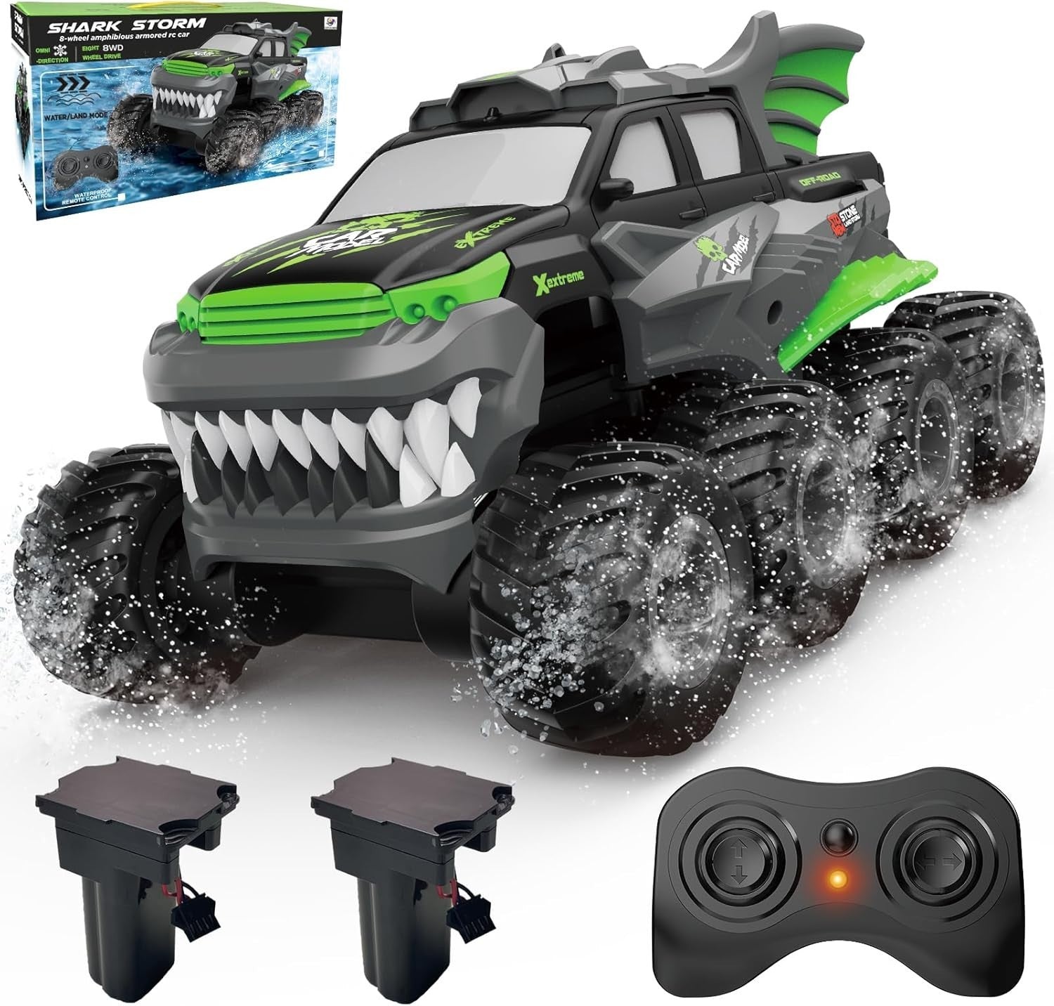 8WD Amphibious RC Monster Truck – Waterproof Off-Road Car w/ 2 Batteries, Green