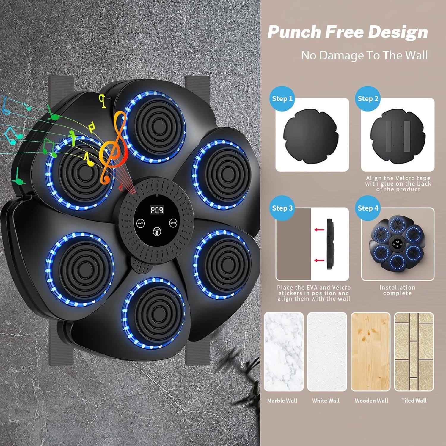 Music Boxing Machine LED Punch Pad Bluetooth Mounted Home