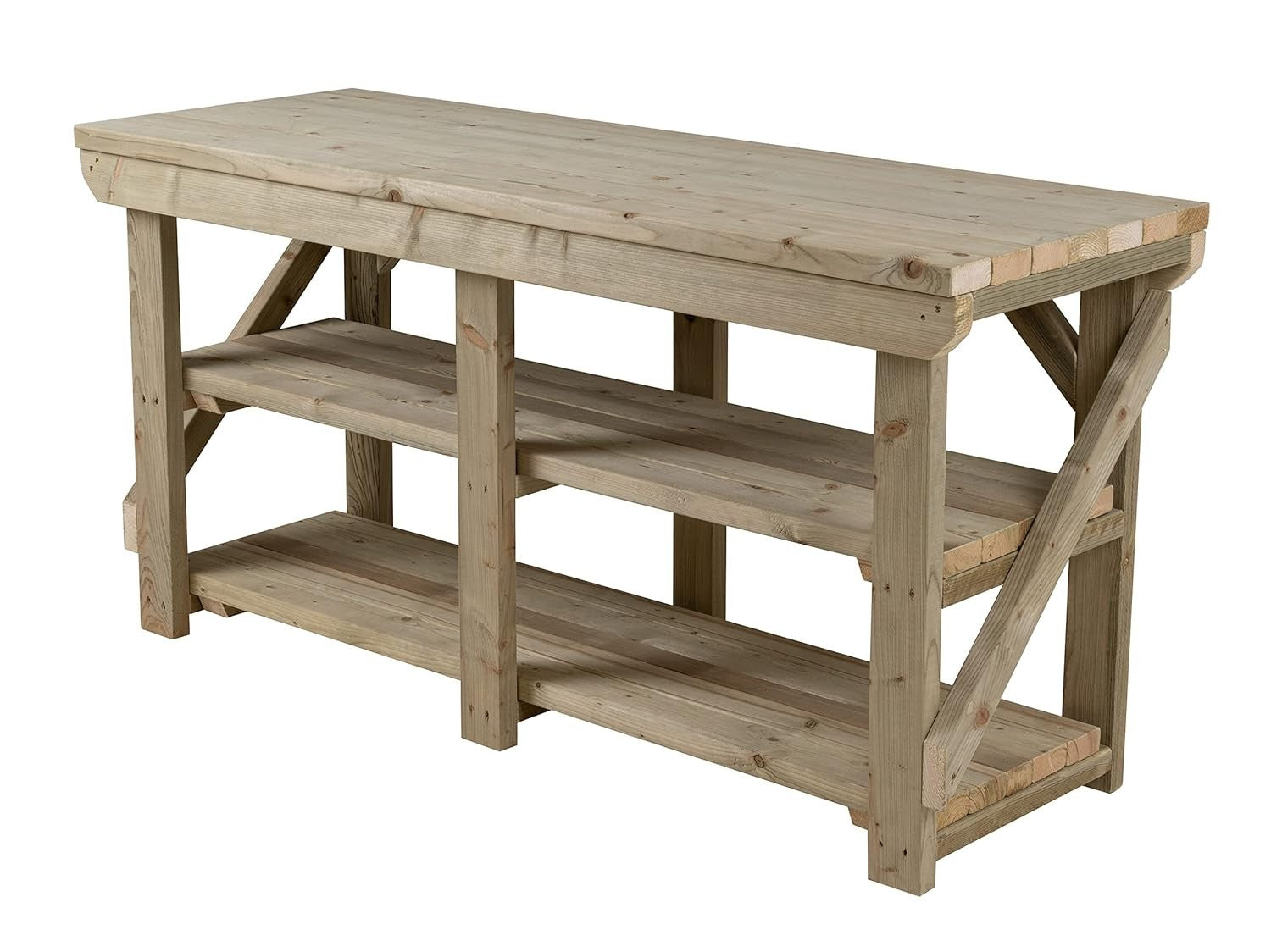 7ft Heavy Duty Pressure Treated Wooden Workbench Double Shelf Indoor Outdoor