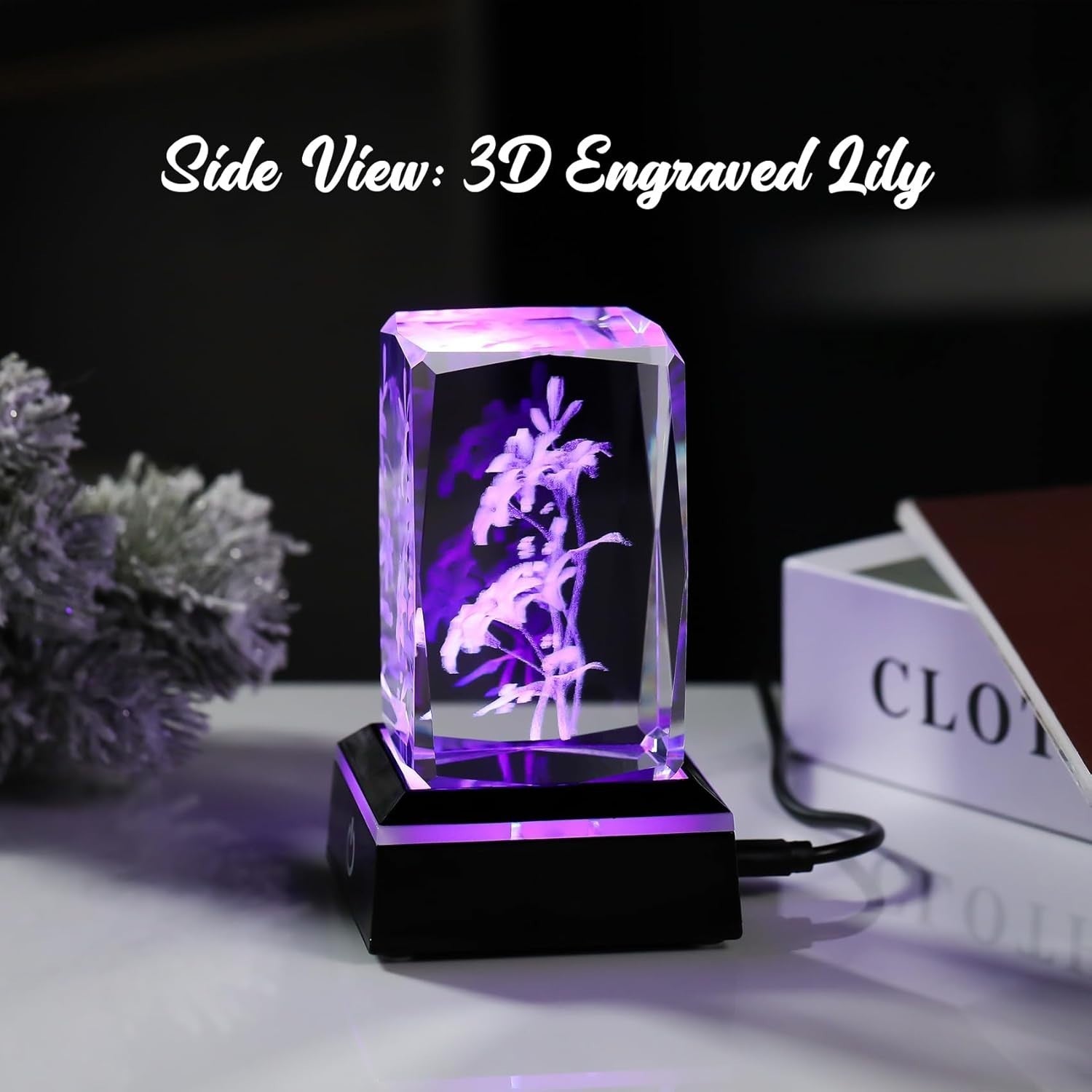 3D Crystal Lily Bouquet LED Light Cube Ornament Gift for Mum Wife Women Birthday
