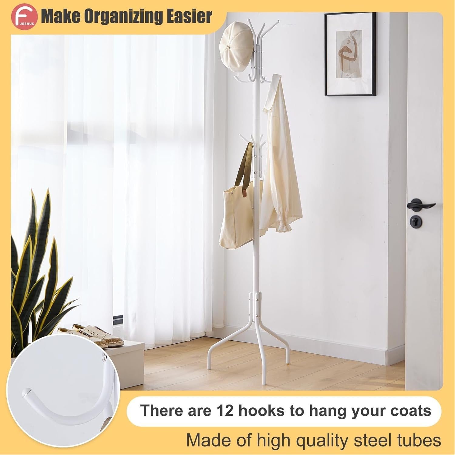 White Freestanding Coat Rack with 12 Hooks | Metal Hat & Scarf Organizer