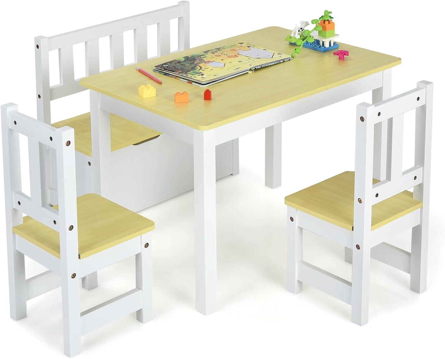 Kids Wooden Table Chair Set with Storage Bench 4 Piece Toddler Furniture
