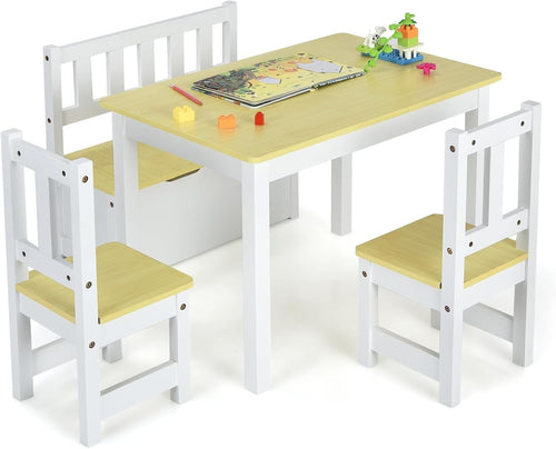 Kids Wooden Table Chair Set with Storage Bench 4 Piece Toddler Furniture