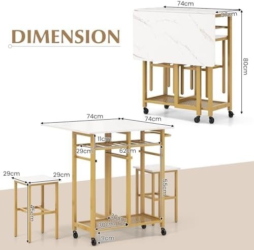 Foldable Drop Leaf Dining Table Set with Stools Wine Rack Shelves & Wheels
