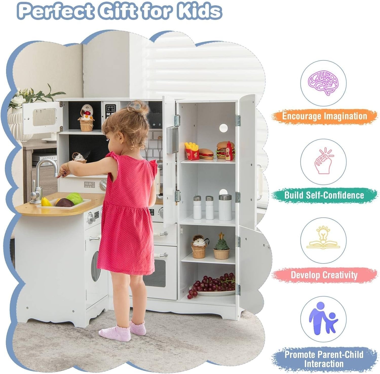 Kids Corner Wooden Play Kitchen White 11-in-1 Toy Cooking Set