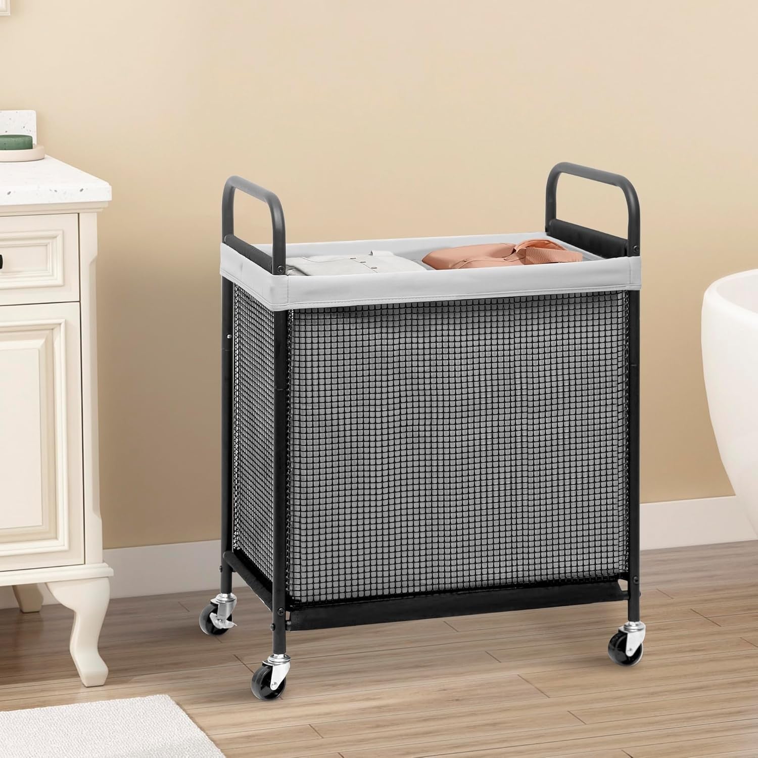 100L Rolling Laundry Hamper 2-Section | Removable Bags | Wheeled Laundry Cart Gr