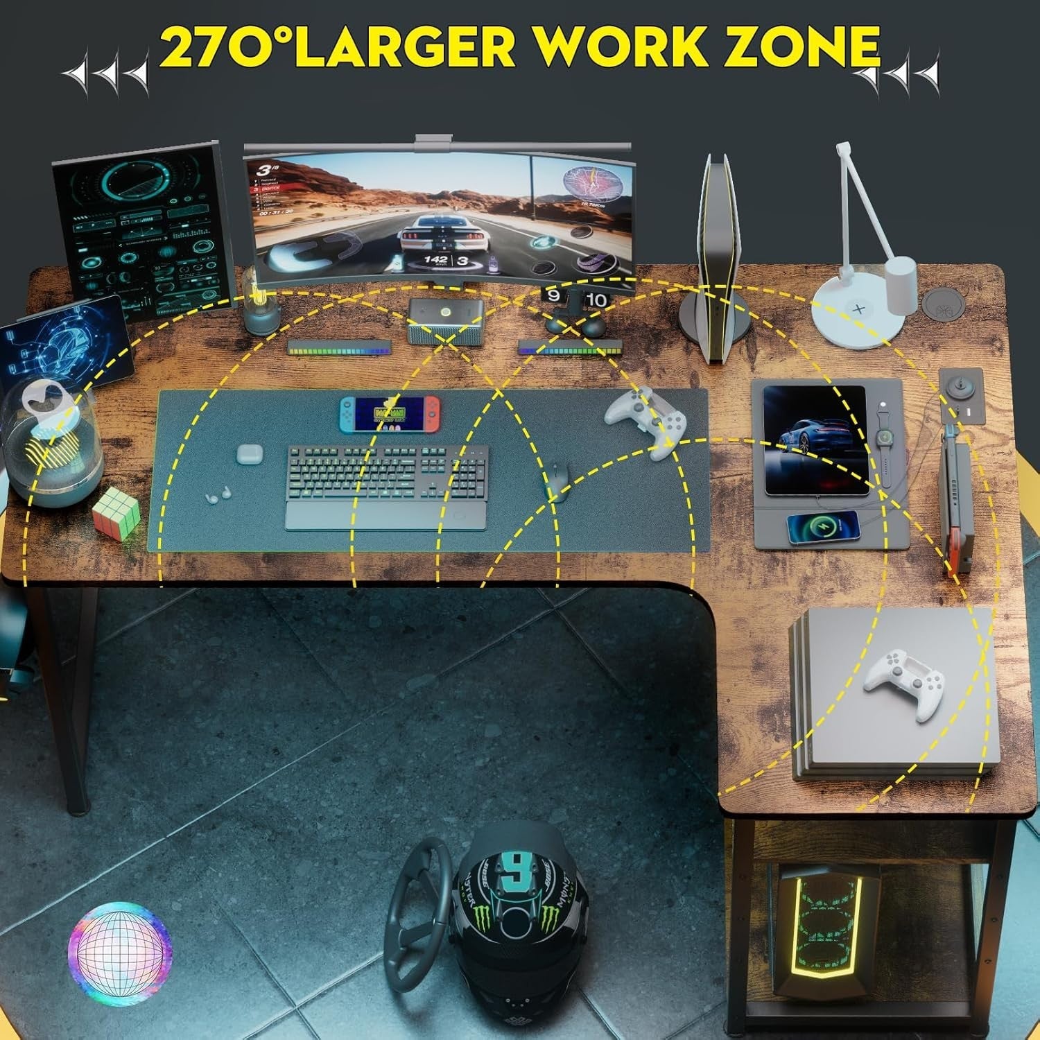 L Shaped Gaming Desk 110x80cm with USB Ports Shelves Hook Corner Office Table