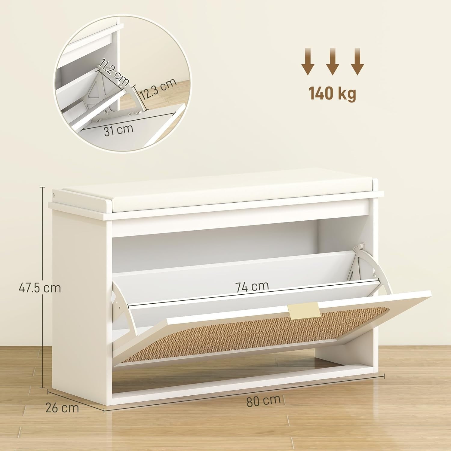 Compact Shoe Storage Bench with Flip Drawer & Padded Seat, Holds 8 Pairs