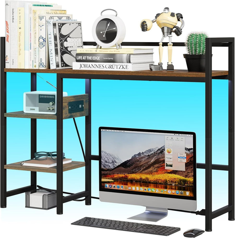 38.6" Desk Hutch Shelf w/ Outlets USB & LED Light 3-Tier Organizer Rustic Brown