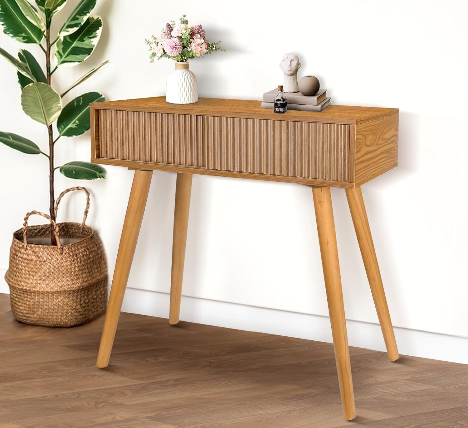 Brown Fluted Console Table with Drawer, Slim Entryway Vanity Desk
