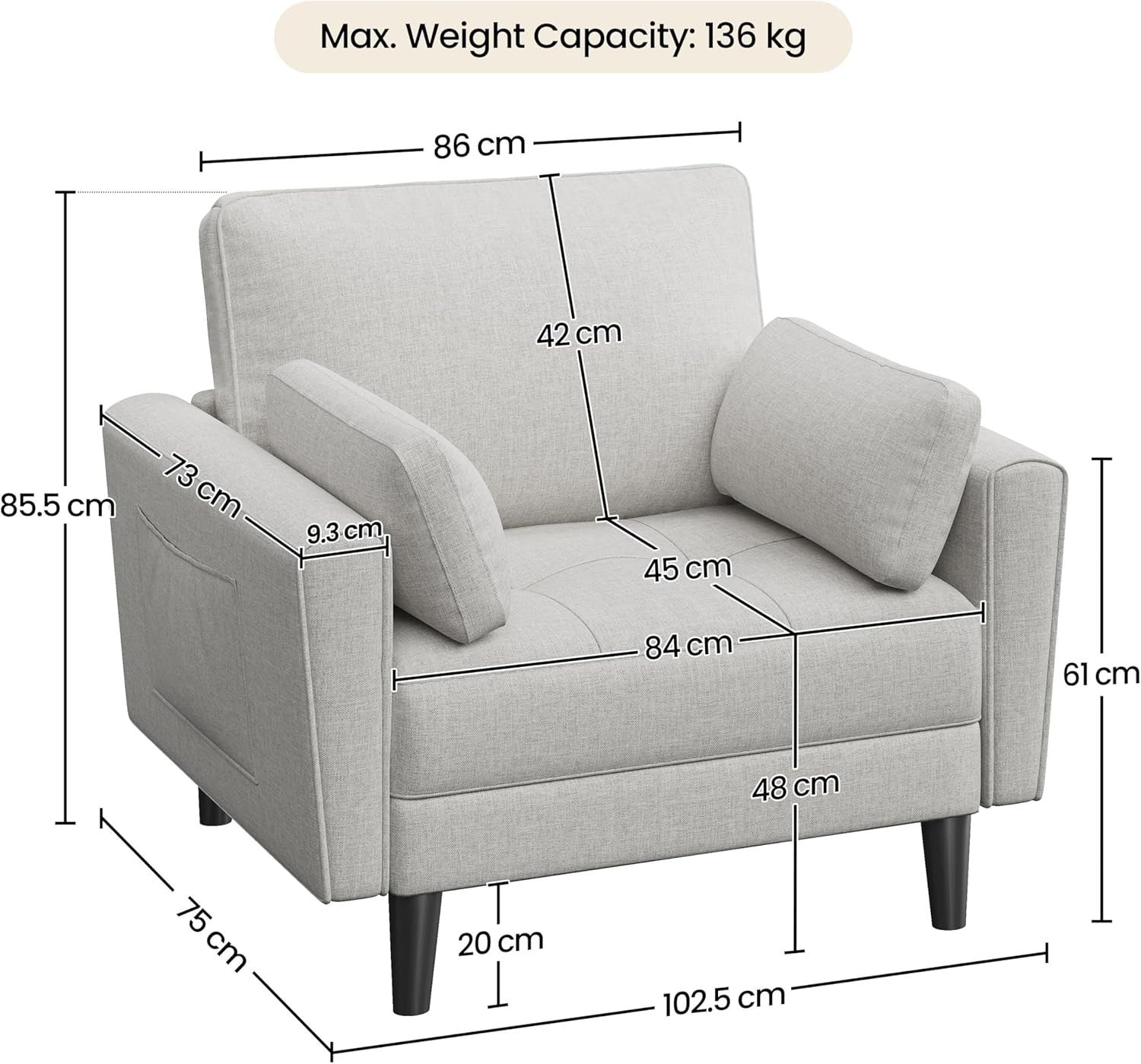 Grey Fabric Tub Chair Oversized Accent Armchair with Pillows & Storage